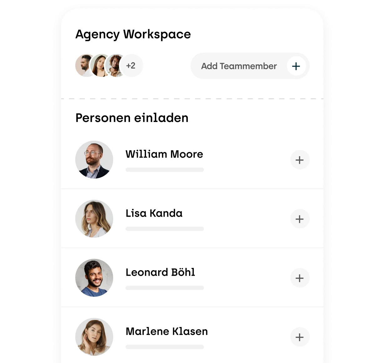 Mockup von einem Agency Workspace in dem Personen eingeladen werden