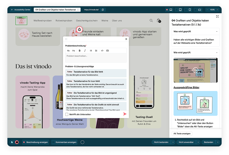 Screenshot manuelles Audit auf den Prüfschritt Grafiken und Objekte haben Textalternativen mit Problemstellungen und Lösungsvorschlägen