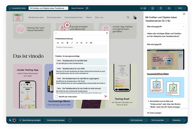 Screenshot manuelles Audit auf den Prüfschritt Grafiken und Objekte haben Textalternativen mit Problemstellungen und Lösungsvorschlägen