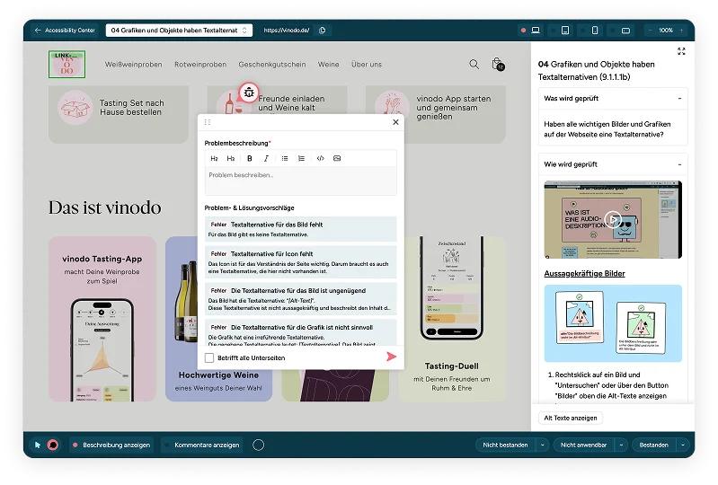 Screenshot manuelles Audit auf den Prüfschritt Grafiken und Objekte haben Textalternativen mit Problemstellungen und Lösungsvorschlägen