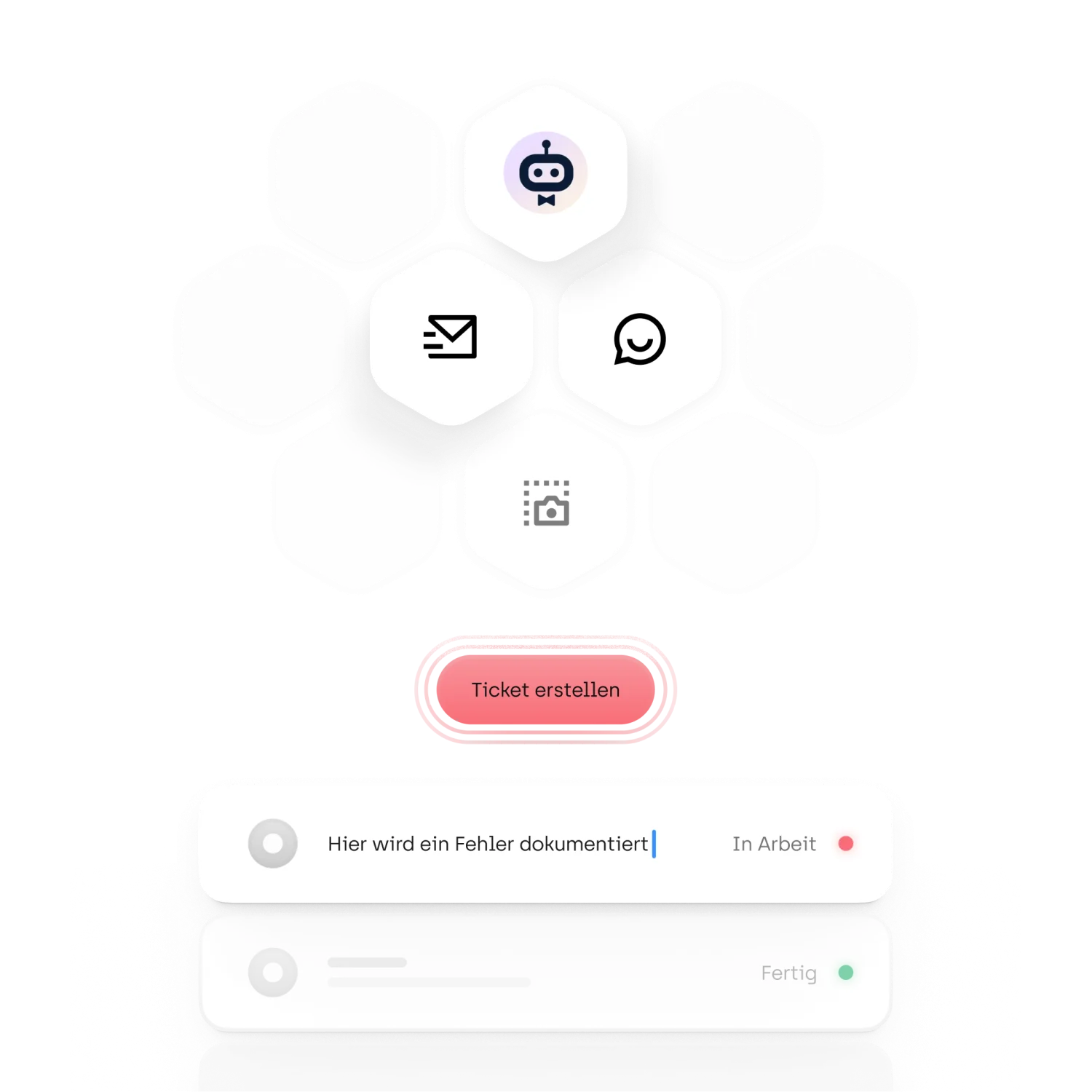 Grafik zeigt ein hexagonales Icon-Raster mit drei hervorgehobenen Symbolen: dem Logo von awork, einem E-Mail- und einem Chat-Symbol sowie einem Screenshot-Icon. Darunter ein rosafarbener Button „Ticket erstellen" und eine Aufgabenkarte mit dem Text „Hier wird ein Fehler dokumentiert" und dem Status „In Arbeit" (roter Punkt) – im Hintergrund eine weitere Karte mit Status „Fertig" (grüner Punkt).