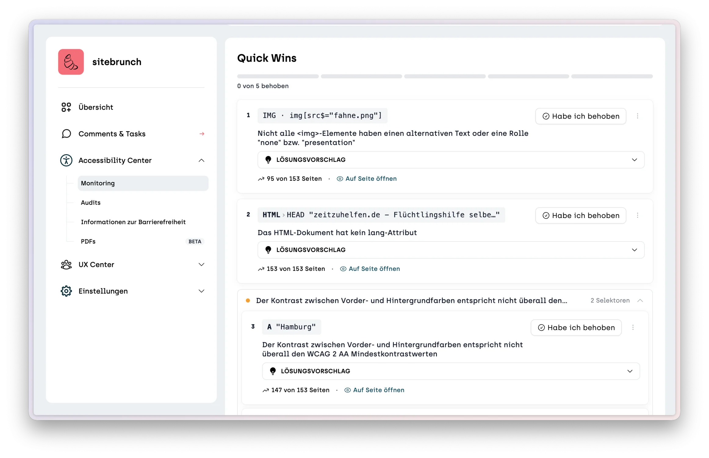 Screenshot der Quick Winns die aus dem Monitoring entstehen mit Code-Zeile und Lösungsvorschlag
