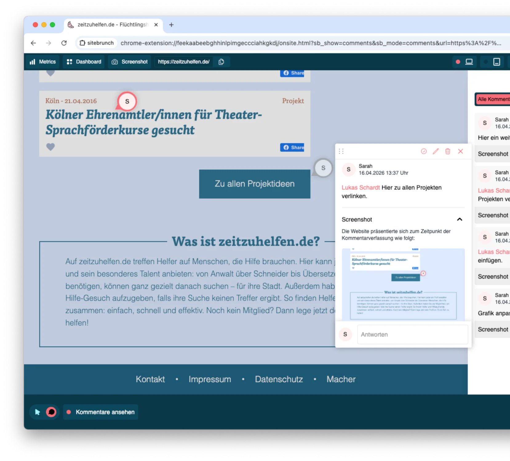 Screenshot eines Browser-Fensters mit der Website „zeitzuhelfen.de". Über die sitebrunch Browser Extension sind Kommentare direkt auf der Website zu sehen. Es ist ein Kommentar-Popup von Nutzerin Sarah (16.04.2026, 13:37 Uhr) geöffnet, das den Hinweis „@Lukas Schardt: Hier zu allen Projekten verlinken." enthält – ergänzt durch einen automatisch gespeicherten Screenshot der Seite zum Kommentarzeitpunkt. Im rechten Kommentar-Panel sind weitere Kommentare sichtbar, u. a. „Grafik anpassen". In der unteren Toolbar ist die Funktion „Kommentare ansehen" aktiv.