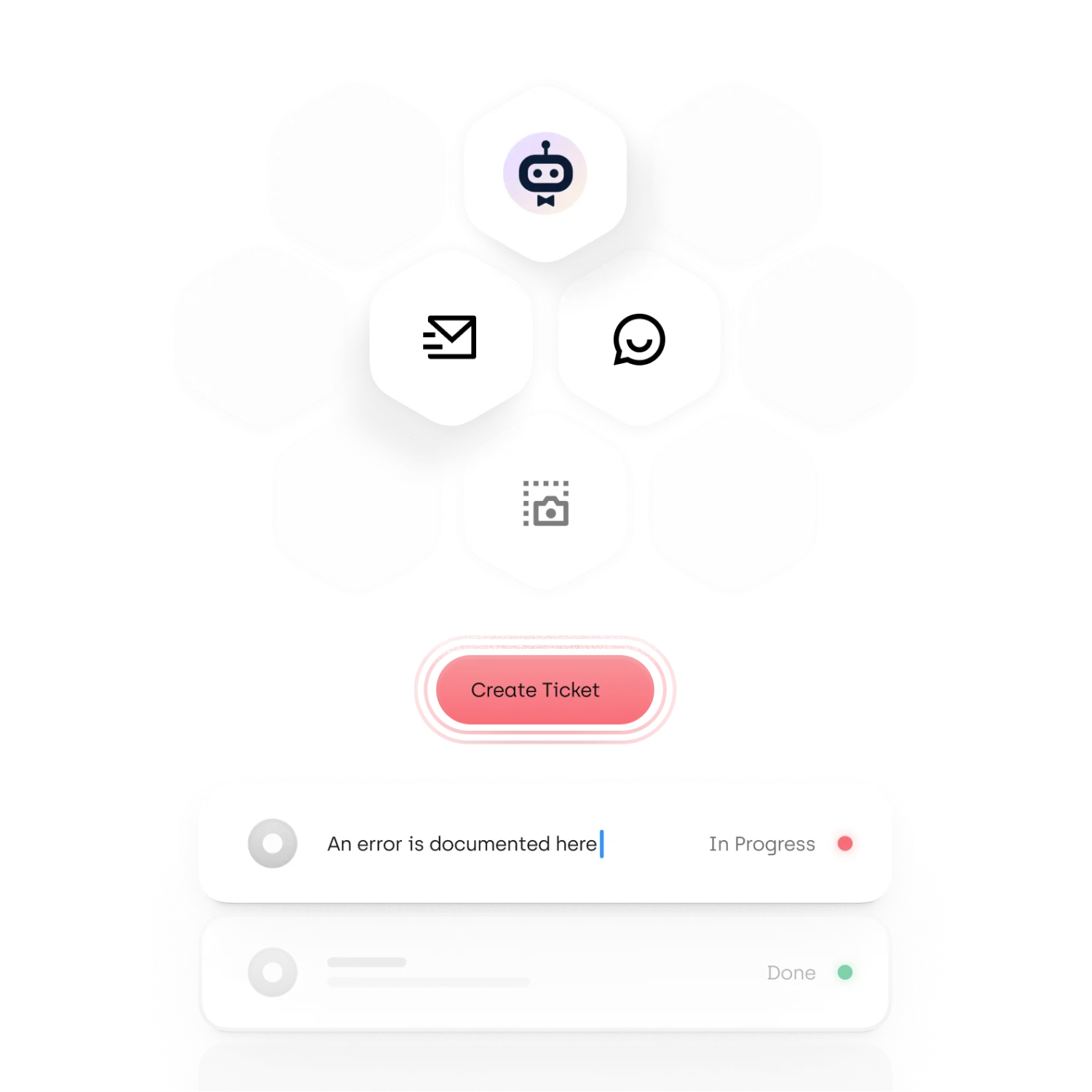 Graphic shows a hexagonal icon grid with three highlighted symbols: the awork logo, an email and a chat symbol, as well as a screenshot icon. Below that, a pink "Create ticket" button and a task card with the text "An error is documented here" and the status "In Progress" (red dot) – in the background another card with the status "Done" (green dot).