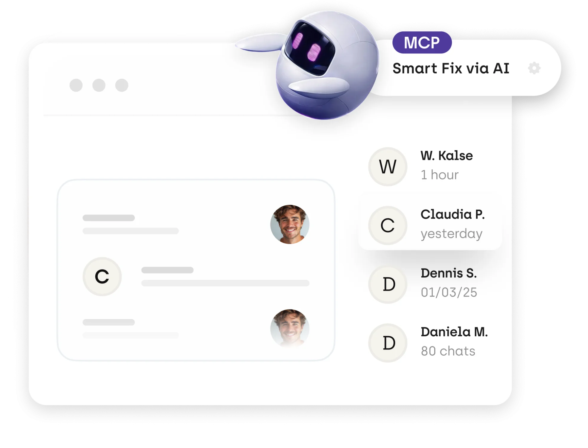 Comments from various users at different points in time are visible. Below that, a small robot is shown with the description "MCP" and "Smart Fix via AI".