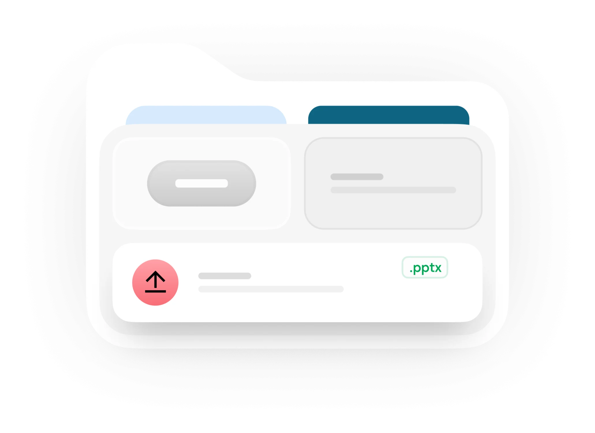 Illustration einer Dashboard-Oberfläche mit zwei nebeneinanderliegenden Inhaltsblöcken (einem hellblauen und einem dunkelblauen Tab) sowie einem hervorgehobenen Export-Element im unteren Bereich. Dort ist ein roter Upload-Button mit Pfeil-nach-oben-Symbol zu sehen, begleitet von einem „.pptx"-Badge – symbolisch für die Möglichkeit, Dashboard-Inhalte als PowerPoint-Datei zu exportieren.