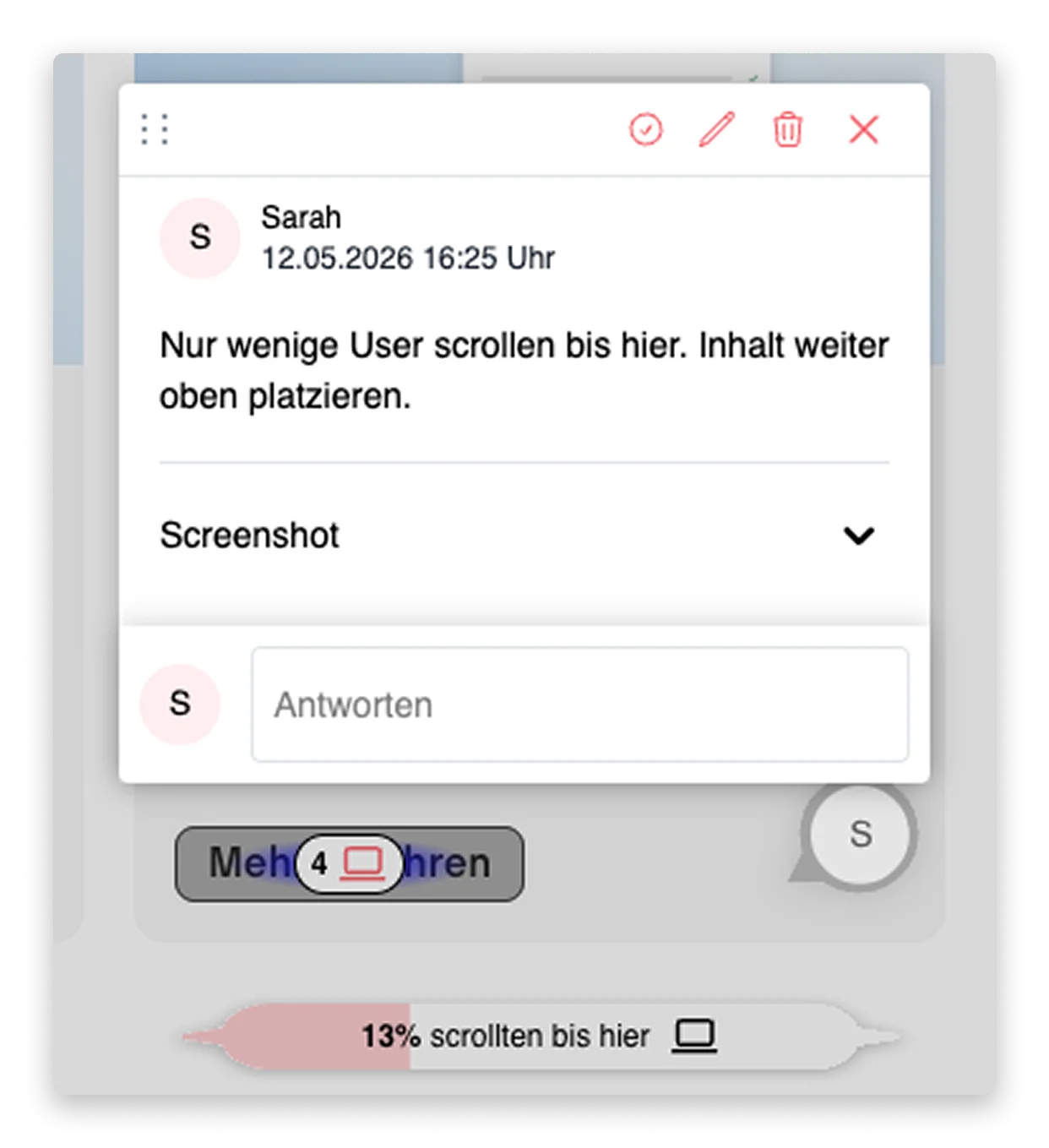 Ein Kommentar mit der sitebrunch Extension auf der Website, der wie folgt lautet: "Nur wenige User scrollen bis hier. Inhalt weiter oben platzieren." Darunter ein Balken, der anzeigt, dass 13 % bis hierhin scrollen.