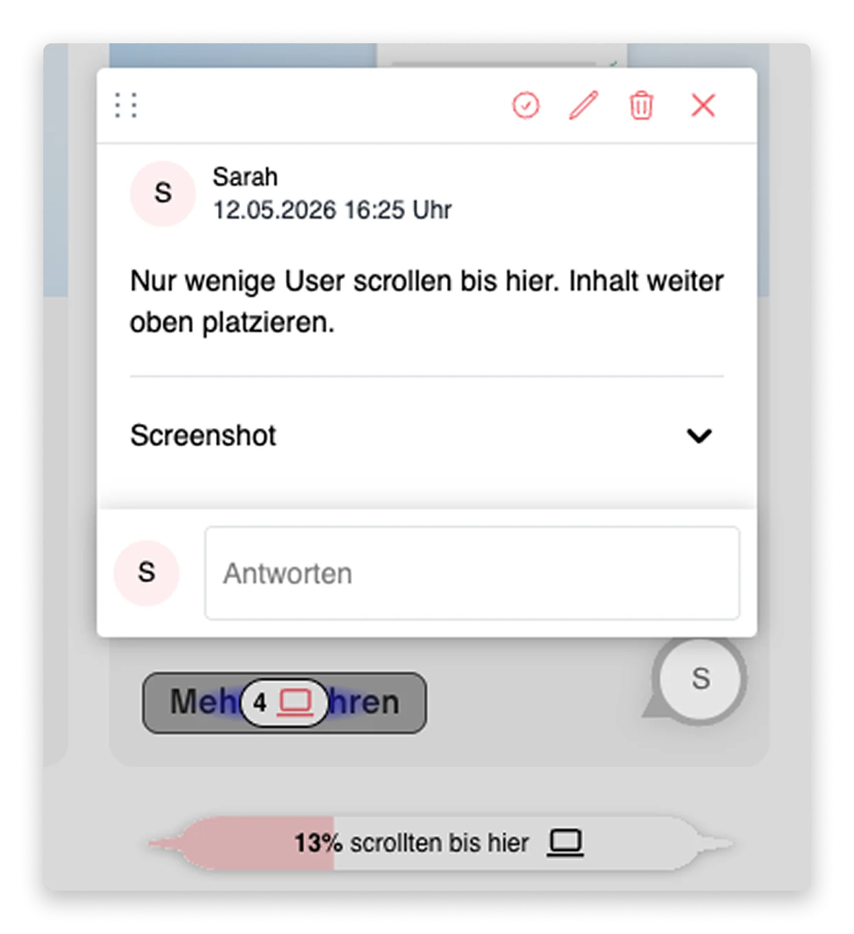 Ein Kommentar mit der sitebrunch Extension auf der Website, der wie folgt lautet: "Nur wenige User scrollen bis hier. Inhalt weiter oben platzieren." Darunter ein Balken, der anzeigt, dass 13 % bis hierhin scrollen.