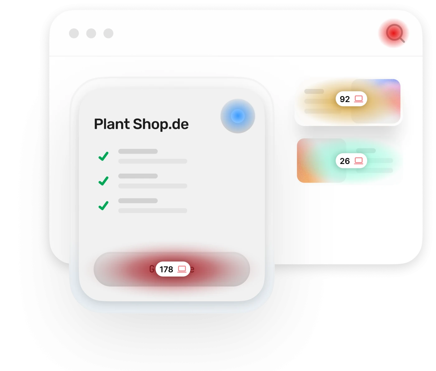 Vereinfachte Ansicht eines Browsers der Seite "Plant Shop.de" mit farbig markierten Heatmap-Bereichen. Ein Bereich ist rot markiert und zeigt 178 Klicks, einer gelb markiert mit 92 Klicks und einer grün markiert mit 26 Klicks.