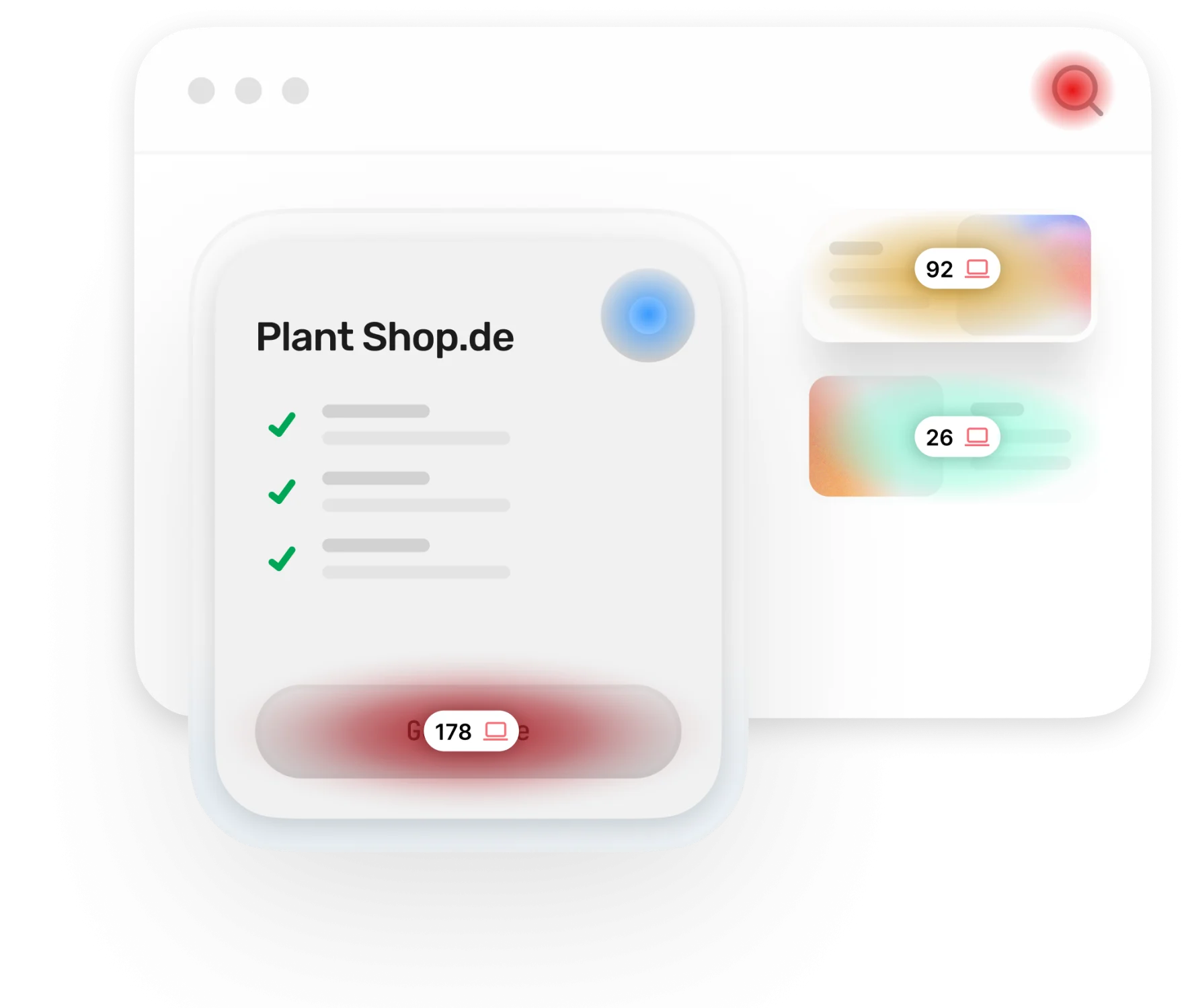 Vereinfachte Ansicht eines Browsers der Seite "Plant Shop.de" mit farbig markierten Heatmap-Bereichen. Ein Bereich ist rot markiert und zeigt 178 Klicks, einer gelb markiert mit 92 Klicks und einer grün markiert mit 26 Klicks.