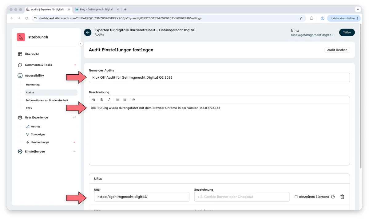 Audit settings page. Arrows point to the “Audit name” field, to the “Description” field with a note on the browser version used for testing, and to the URL fields.