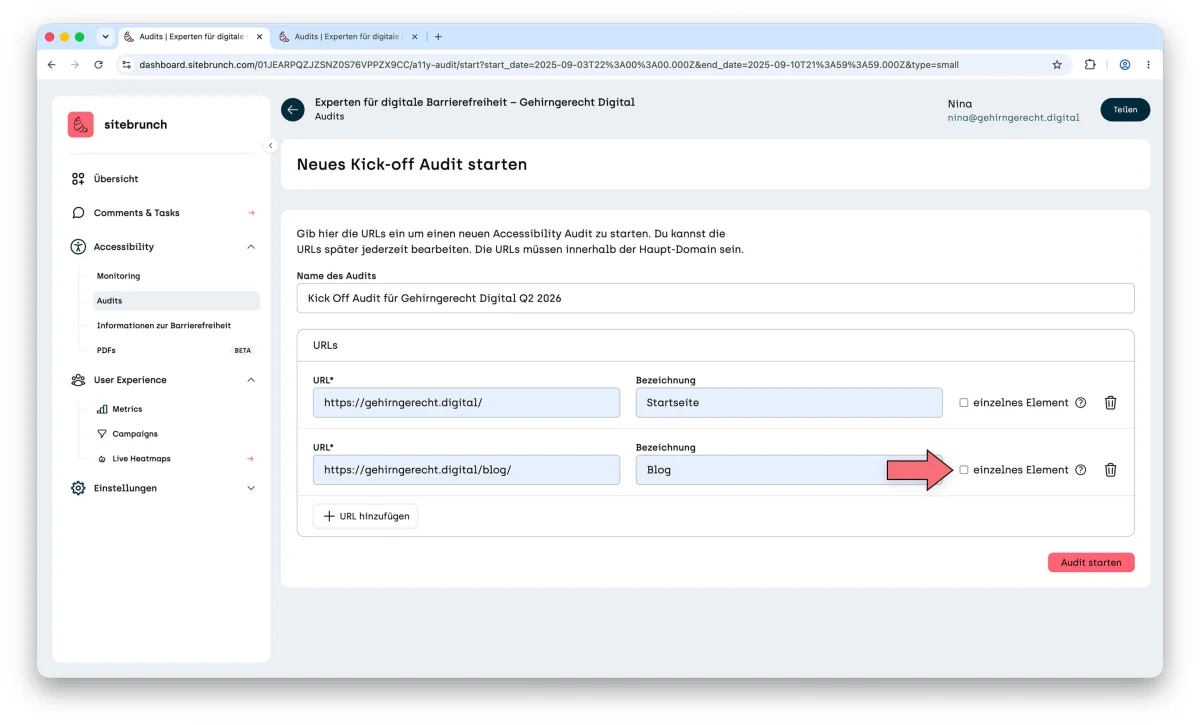 Form to start a new kick-off audit. An arrow points to the “single element” checkbox next to a URL.