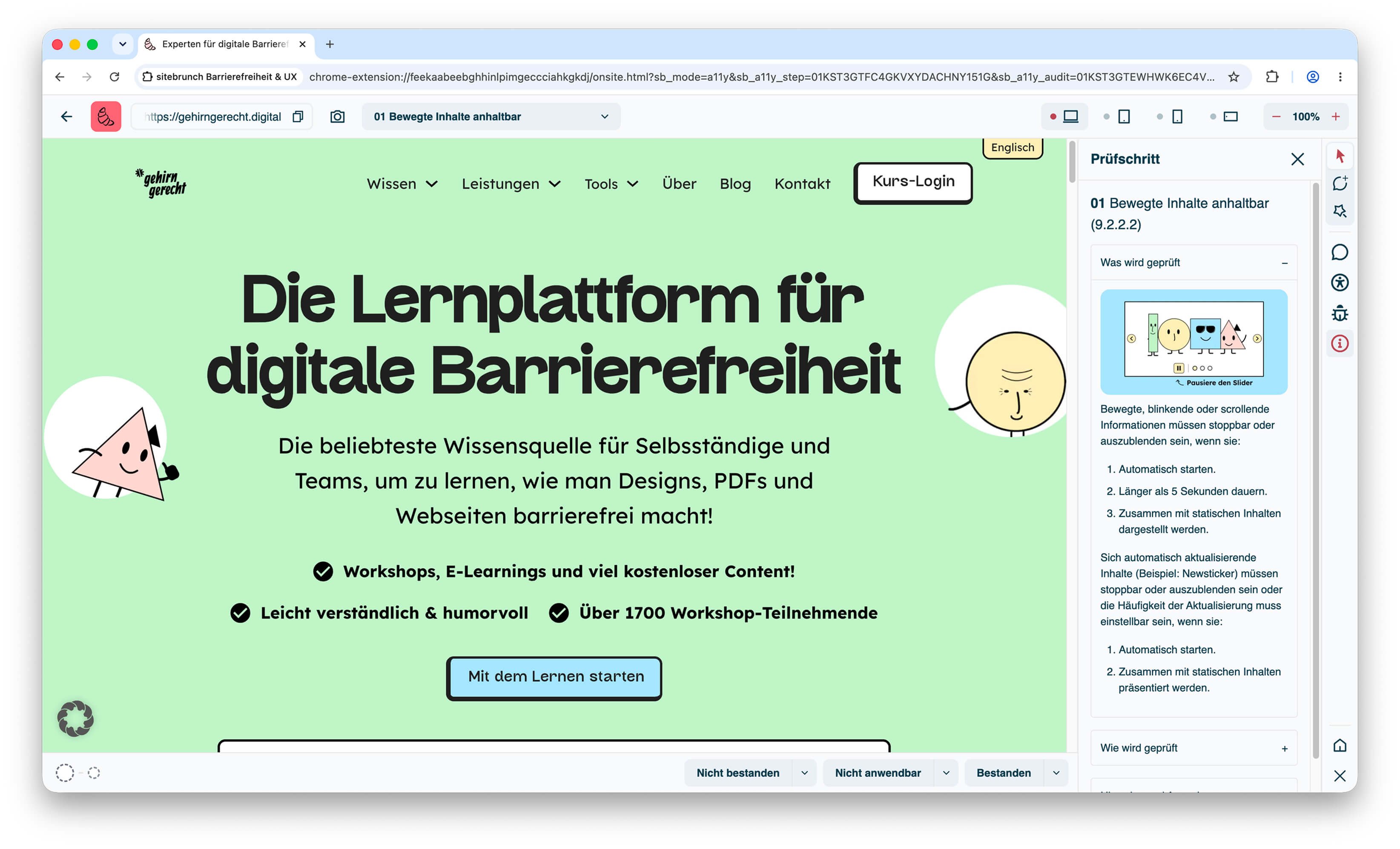 Screenshot eines offenen Prüfschritts mit zu testender Webseite und Toolbar.