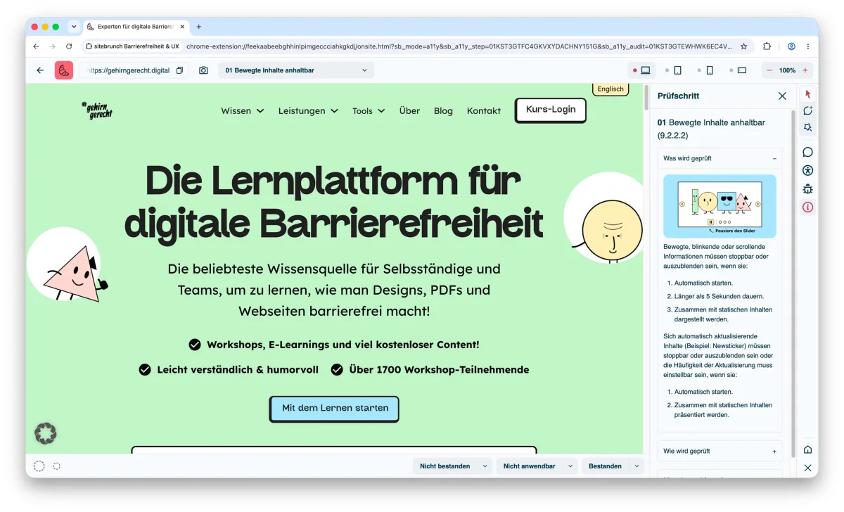 Screenshot of an open testing step with the web page to be tested and the toolbar.