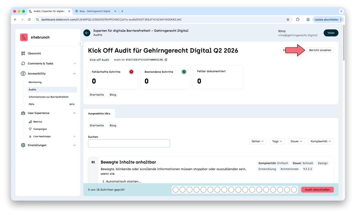 Audit view of a kick-off audit. An arrow points to the “View report” button at the top right.