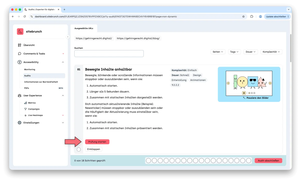 Expanded testing step 01 in the audit with a description of the requirement. An arrow points to the “Start check” button.