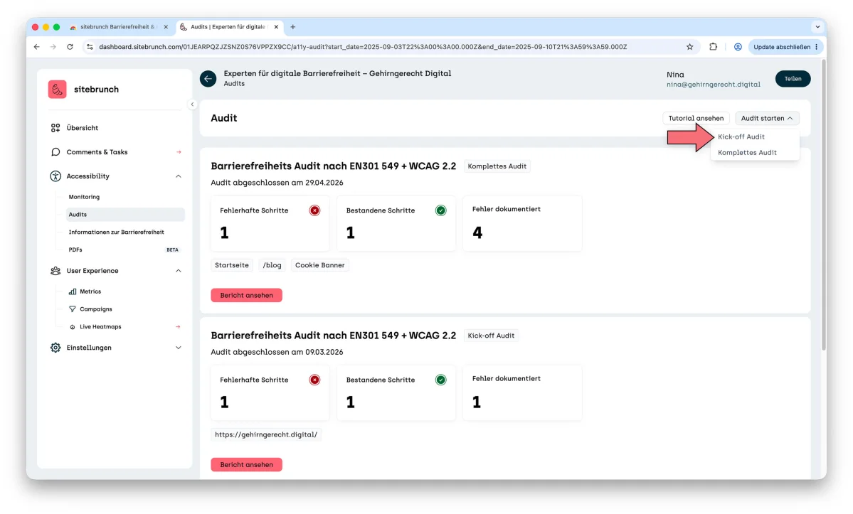 The “Audits” page in sitebrunch with a list of past audits. The “Start audit” menu is open and an arrow points to the option “Kick-off Audit”. “Complete Audit” is offered below it.
