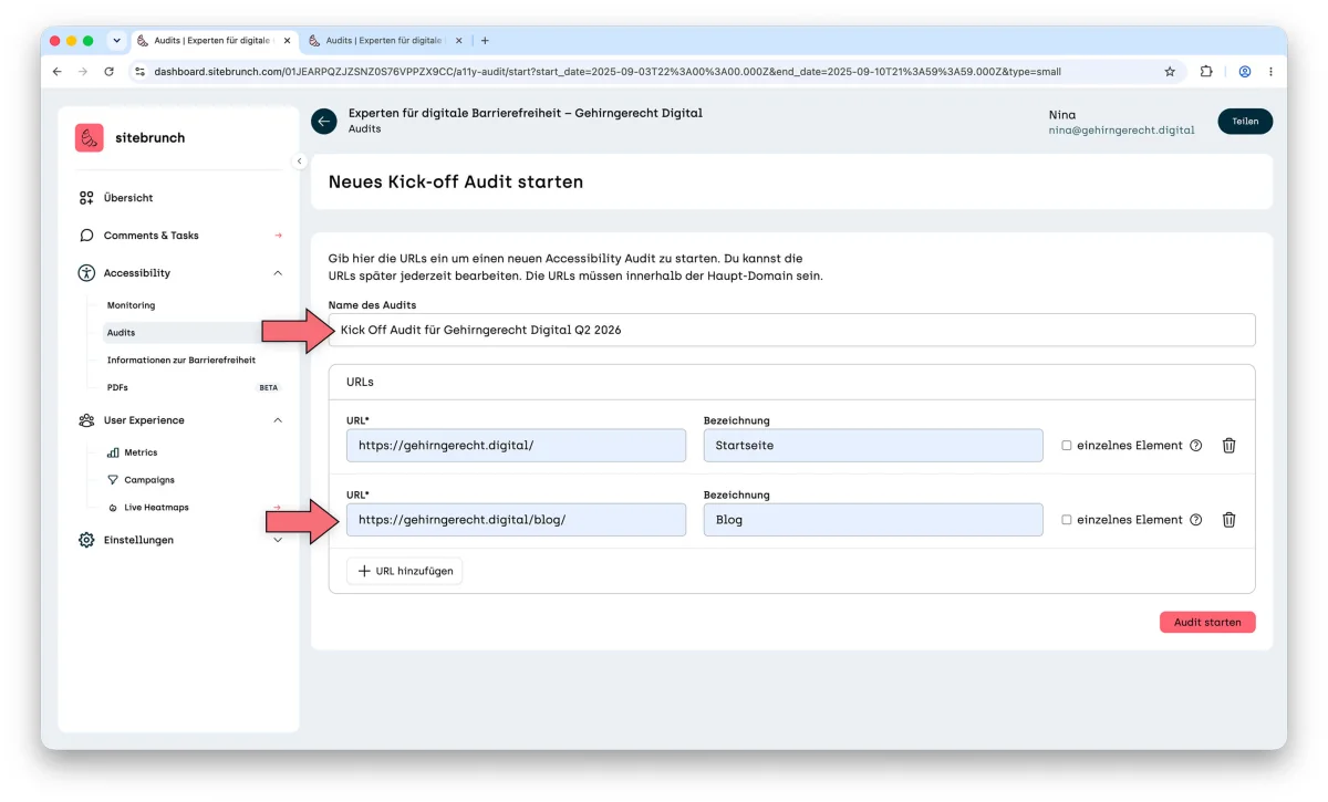 Form to start a new kick-off audit. Arrows point to the “Audit name” field and to the URL fields, filled with the homepage and the blog page of gehirngerecht.digital. Each URL has a name next to it, such as “Startseite” (homepage) or “Blog”.