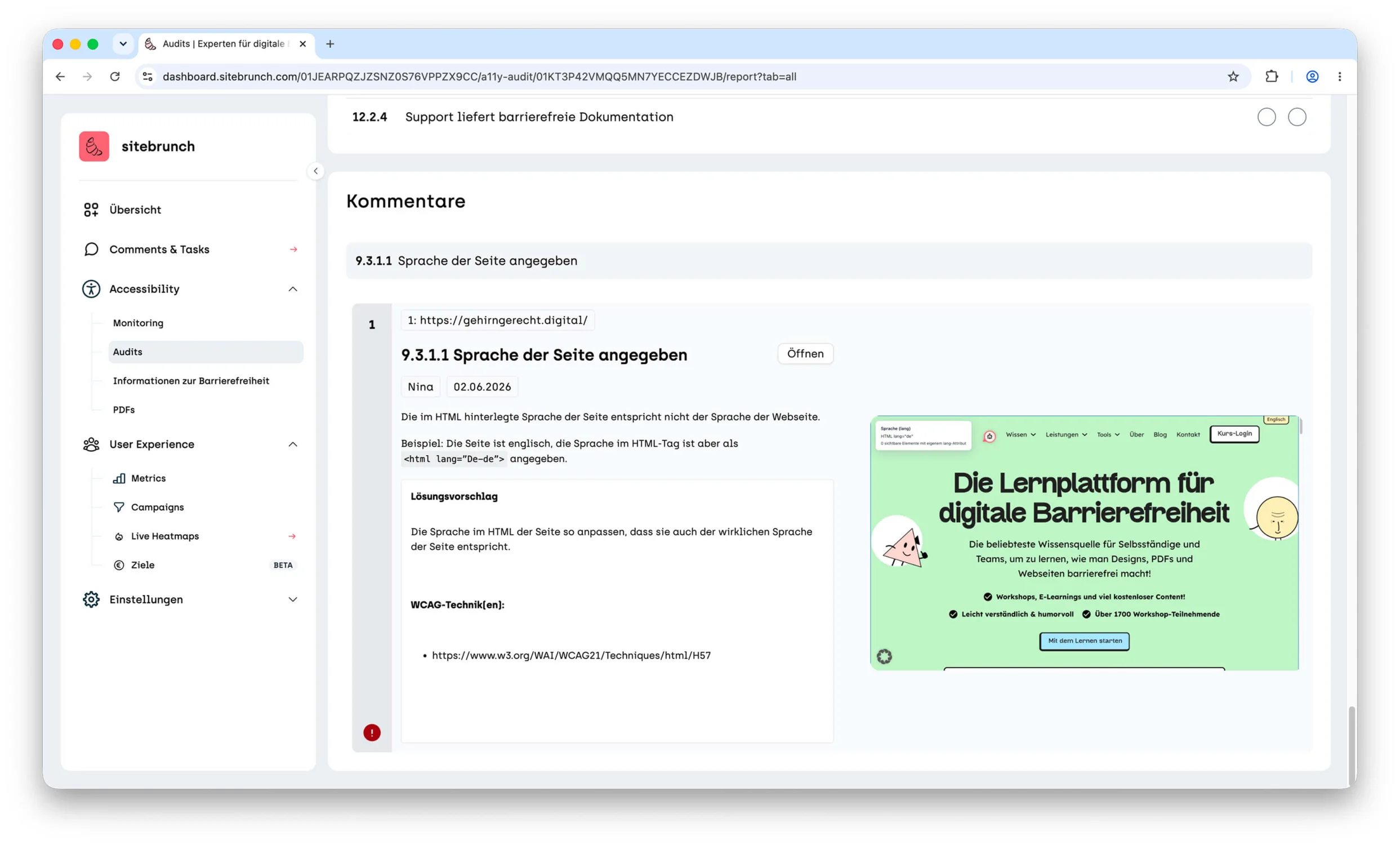 Prüfbericht in sitebrunch: ein Fund zum Prüfschritt »Sprache der Seite angegeben« mit geprüfter URL, Autorin, Datum, Problembeschreibung, Lösungsvorschlag, verlinkter WCAG-Technik und einem Screenshot der betroffenen Stelle.