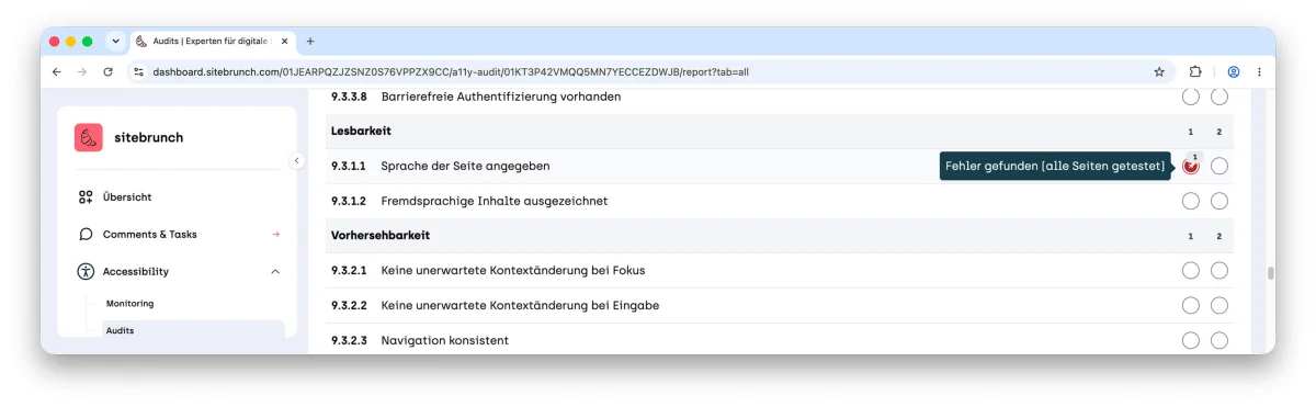 Prüfbericht in sitebrunch: eine Liste von Prüfschritten wie »Sprache der Seite angegeben« mit je einem Statuskreis pro geprüfter Seite. Ein Kreis ist rot markiert, daneben der Hinweis »Fehler gefunden (alle Seiten getestet)«.