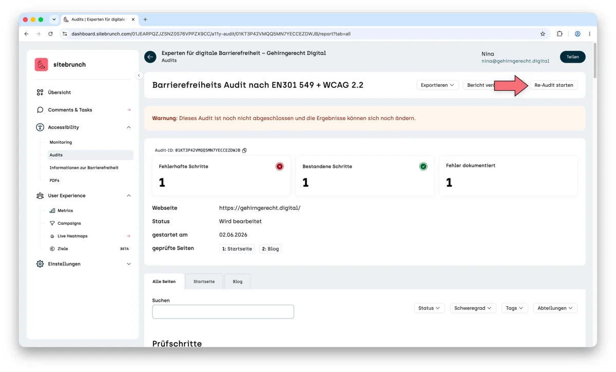 Audit report. An arrow points to the “Start re-audit” button at the top right.