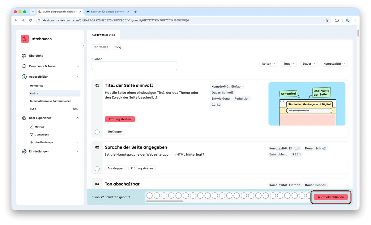 Screenshot of the audit overview in the sitebrunch dashboard. At the bottom right, below the list of testing steps, the “Finish Audit” button is highlighted.