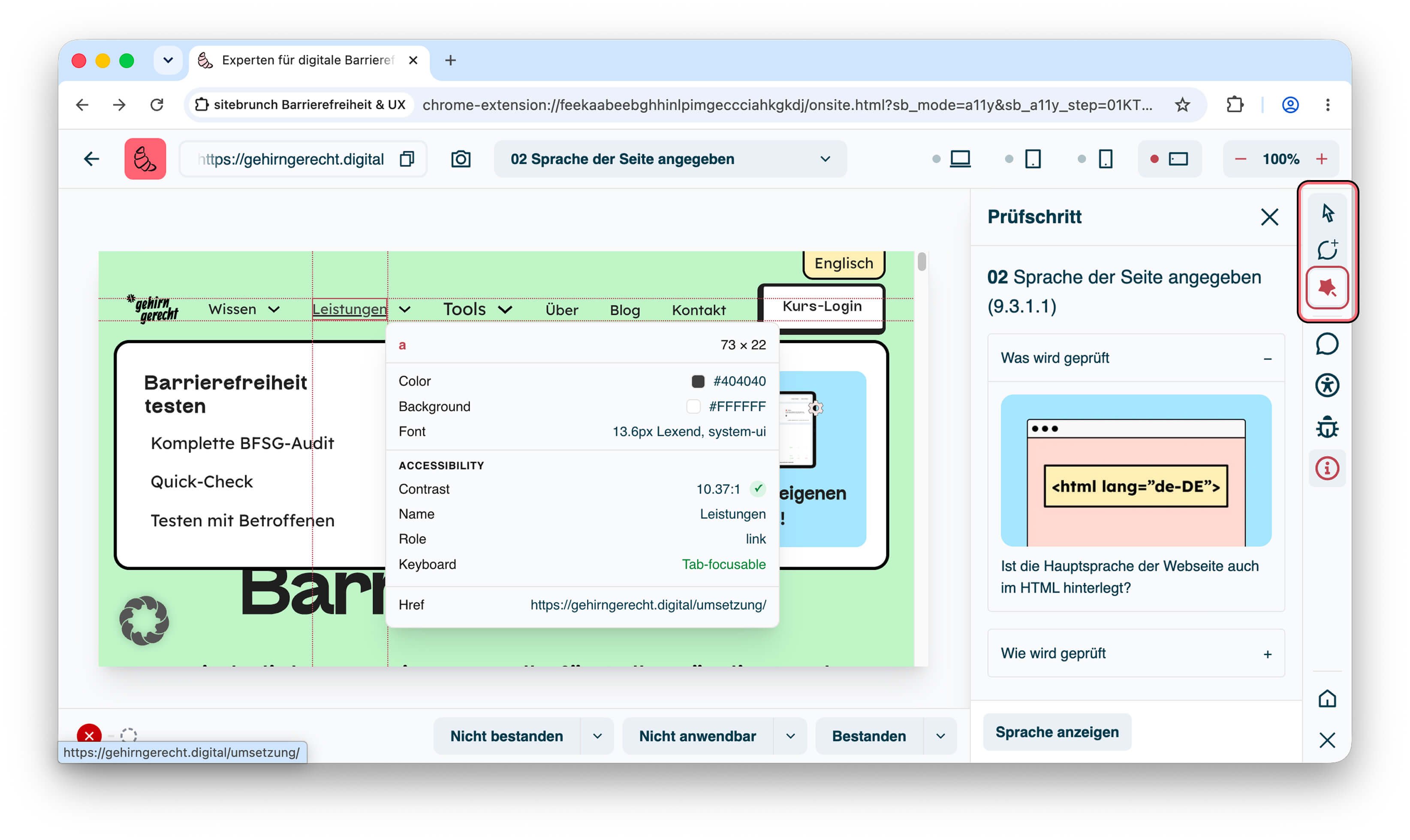 Screenshot von Cursor mit Element-Infos über einem Link. Informationen wie Größe, Kontrast, Name, Rolle und Tastaturbedienbarkeit werden in einem Overlay.