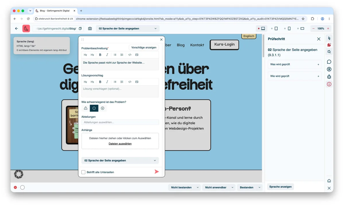 Screenshot of the comment form with the fields for problem description, proposed solution, severity, departments, attachments and the testing step selection.