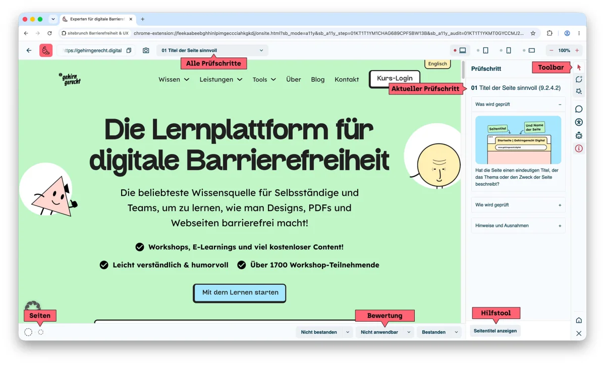 Screenshot of the open audit tool on a test website. Labels mark the list of all testing steps at the top, the toolbar on the right, the current testing step in the side panel, the pages at the bottom left, the rating buttons at the bottom and the helper tool at the bottom right.