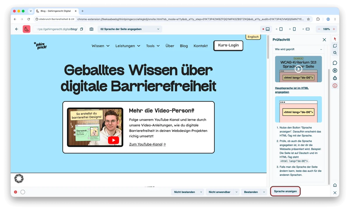 Screenshot of the side panel for the testing step “Language of page specified”. Under “How is it checked” there is a video, an illustration and numbered instructions. At the bottom the “Show language” helper tool is highlighted.