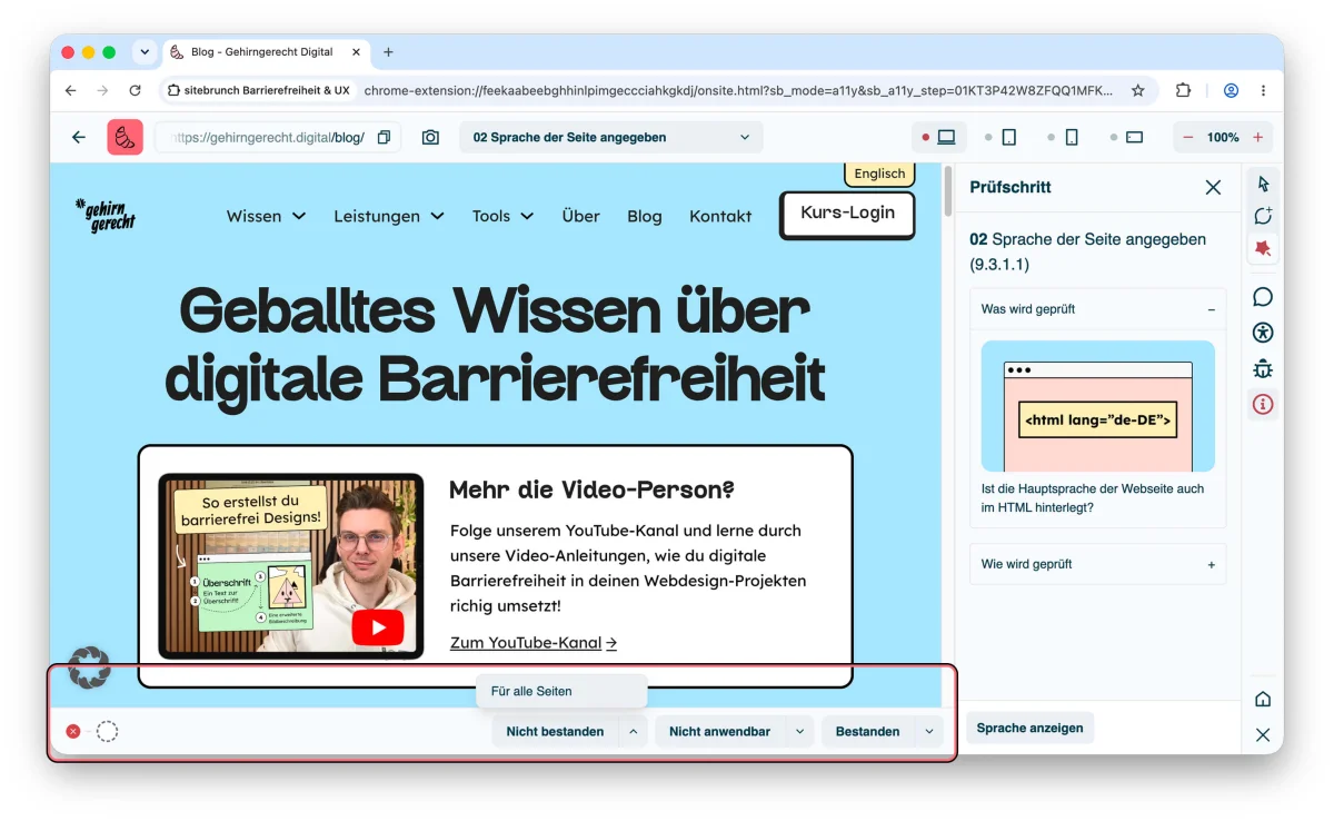 Screenshot of the lower toolbar in the audit tool. On the left are the status circles for the pages, on the right the rating buttons “Failed”, “Not applicable” and “Passed”. The options menu of one button is open and shows “For all pages”.