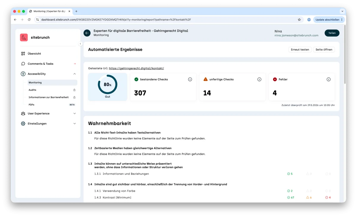 Screenshot of the automated results for the contact page: score 80%, 307 passed checks, 14 unfinished checks and 4 errors, followed by the WCAG criteria.
