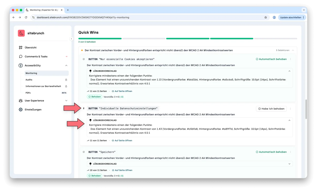 Screenshot of the Quick Wins list, 3 of 5 fixed. Arrows point to an open contrast problem on a button and its suggested solution. Next to it is the “I fixed this” button.
