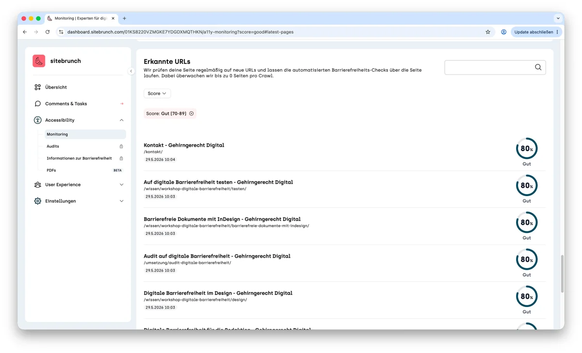 Screenshot of the list of detected URLs, filtered by the score Good (70-89). Each page listed has a score of 80%.