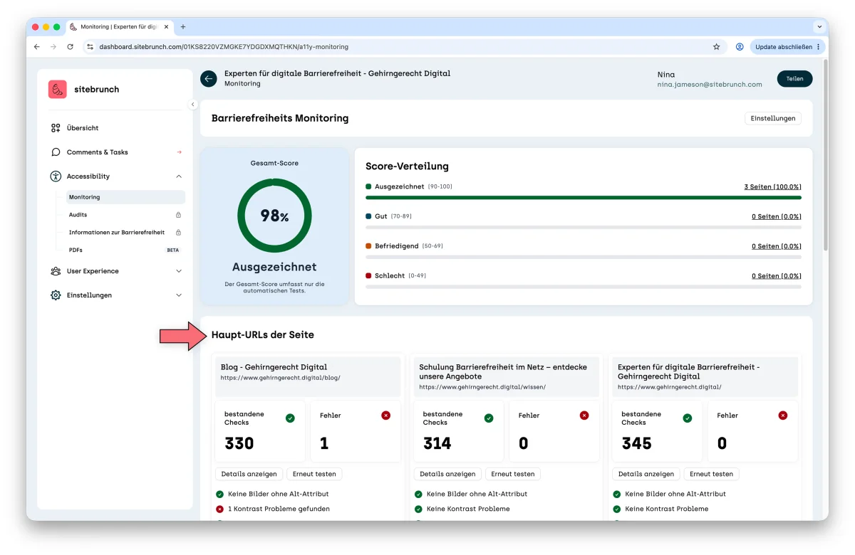 Screenshot of the monitoring overview with an overall score of 98% (Excellent), the score distribution and the main URLs of the site.