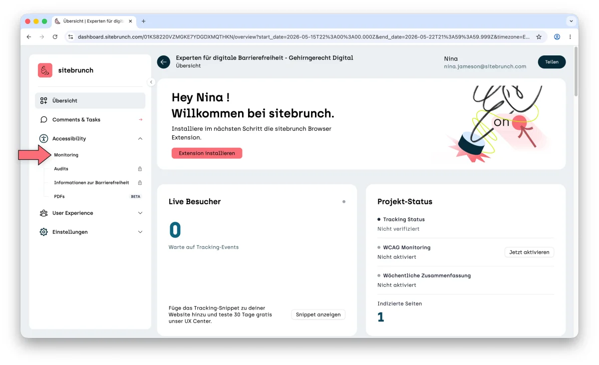 Screenshot of the project overview: an arrow points to “Monitoring” under “Accessibility” in the navigation menu.