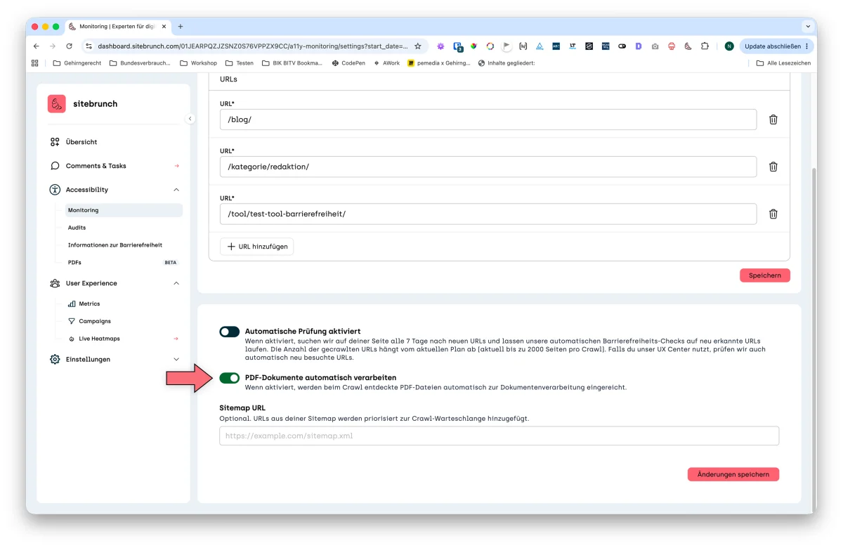 Screenshot of the monitoring settings: an arrow points to the switched-on “Auto-process PDF documents” toggle.
