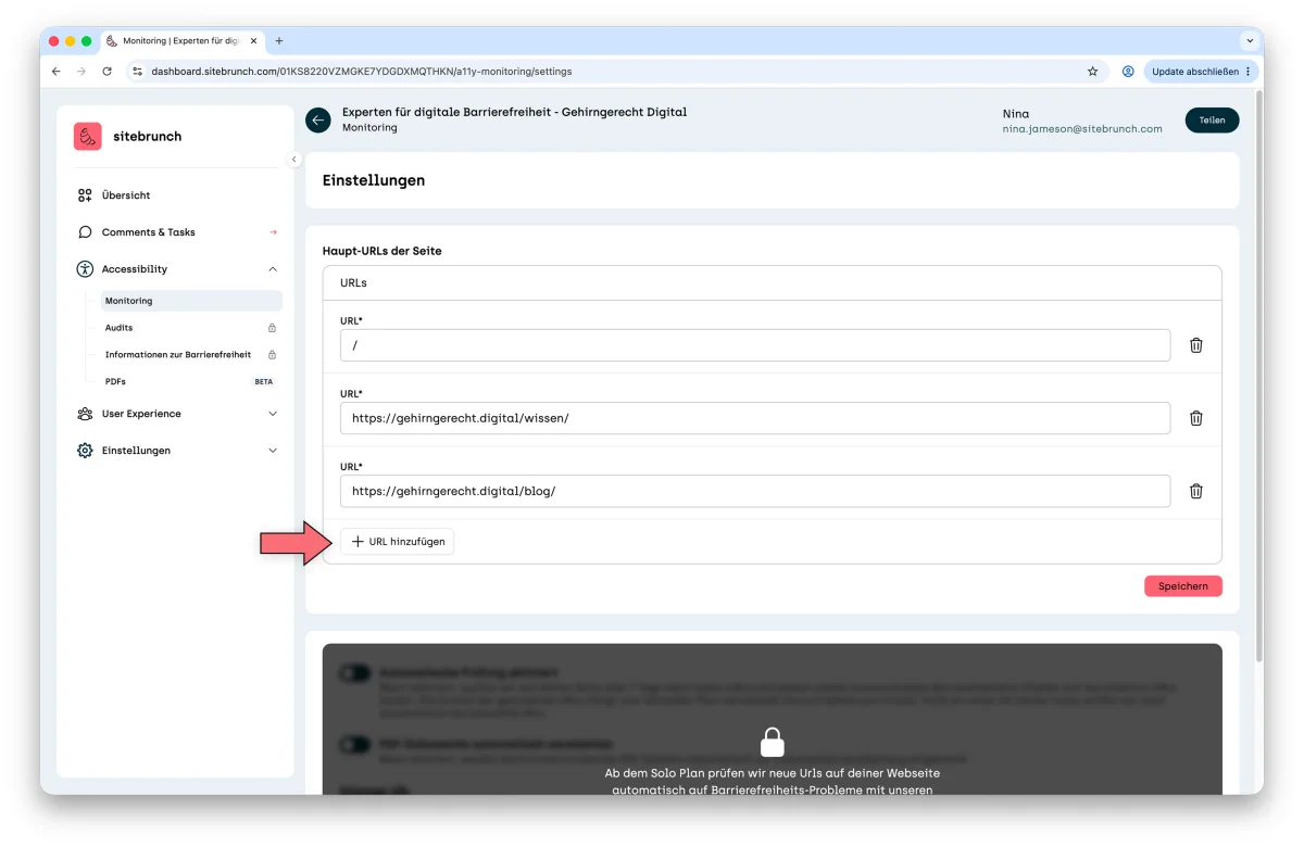 Screenshot of the monitoring settings: three URLs are entered under “Main URLs of the site”, and an arrow points to the “Add url” button.