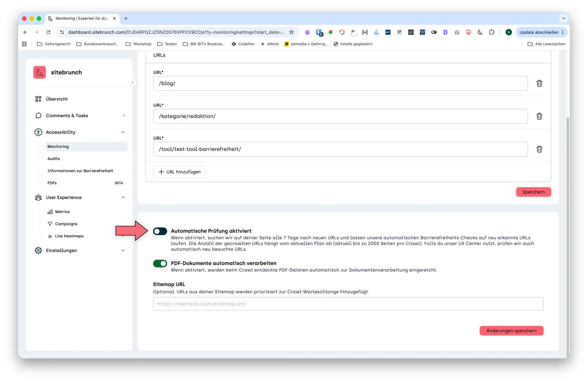 Screenshot of the monitoring settings: an arrow points to the “Automatic monitoring enabled” toggle.