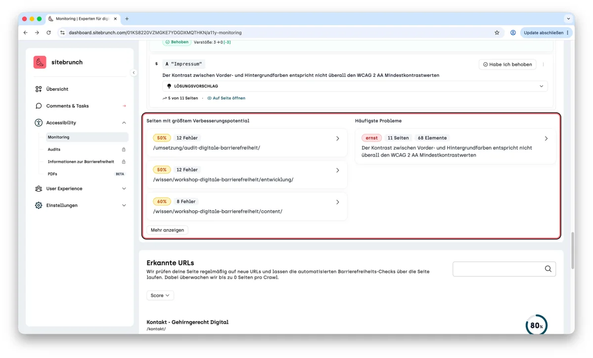 Screenshot with two lists highlighted: the pages with the biggest improvement potential, with score and number of errors, and the most common issues.