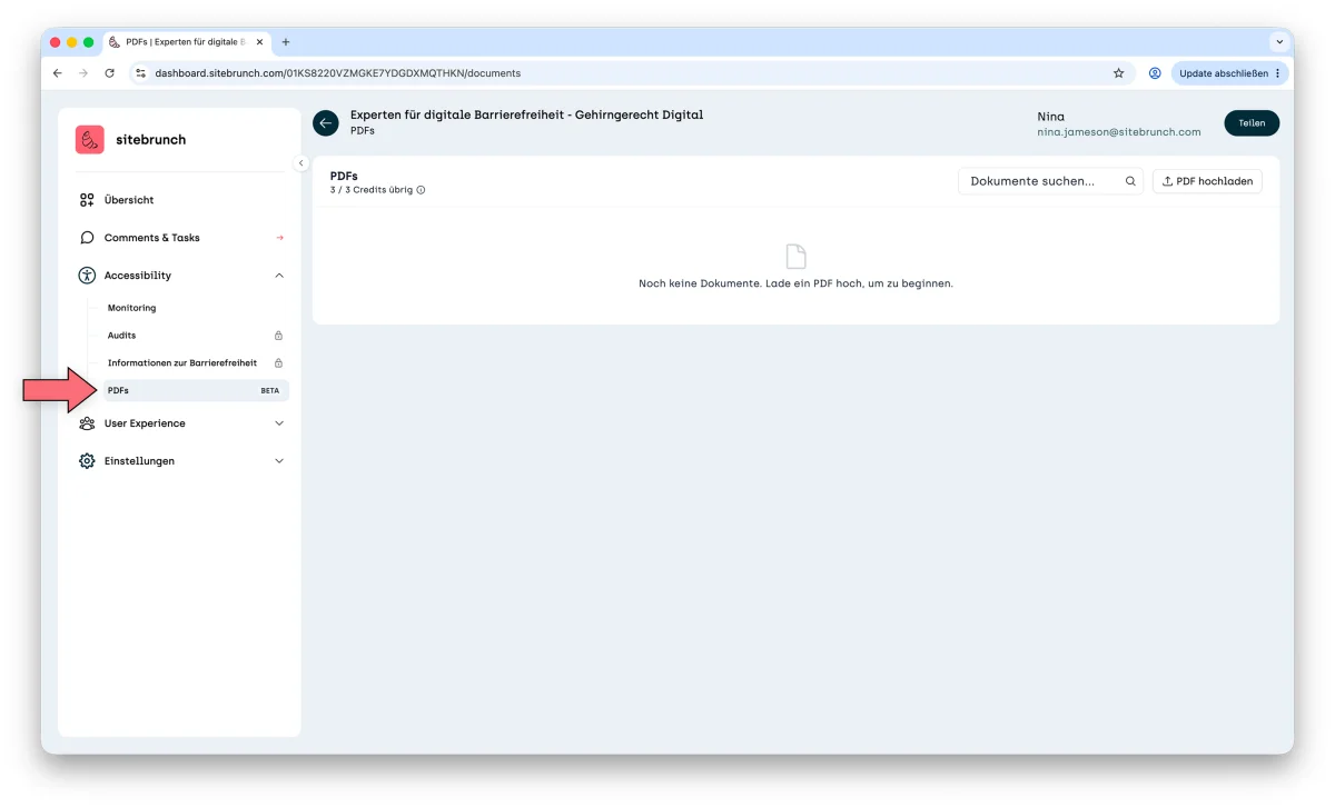 Screenshot of the project: an arrow points to “Documents” under “Accessibility” in the navigation menu.