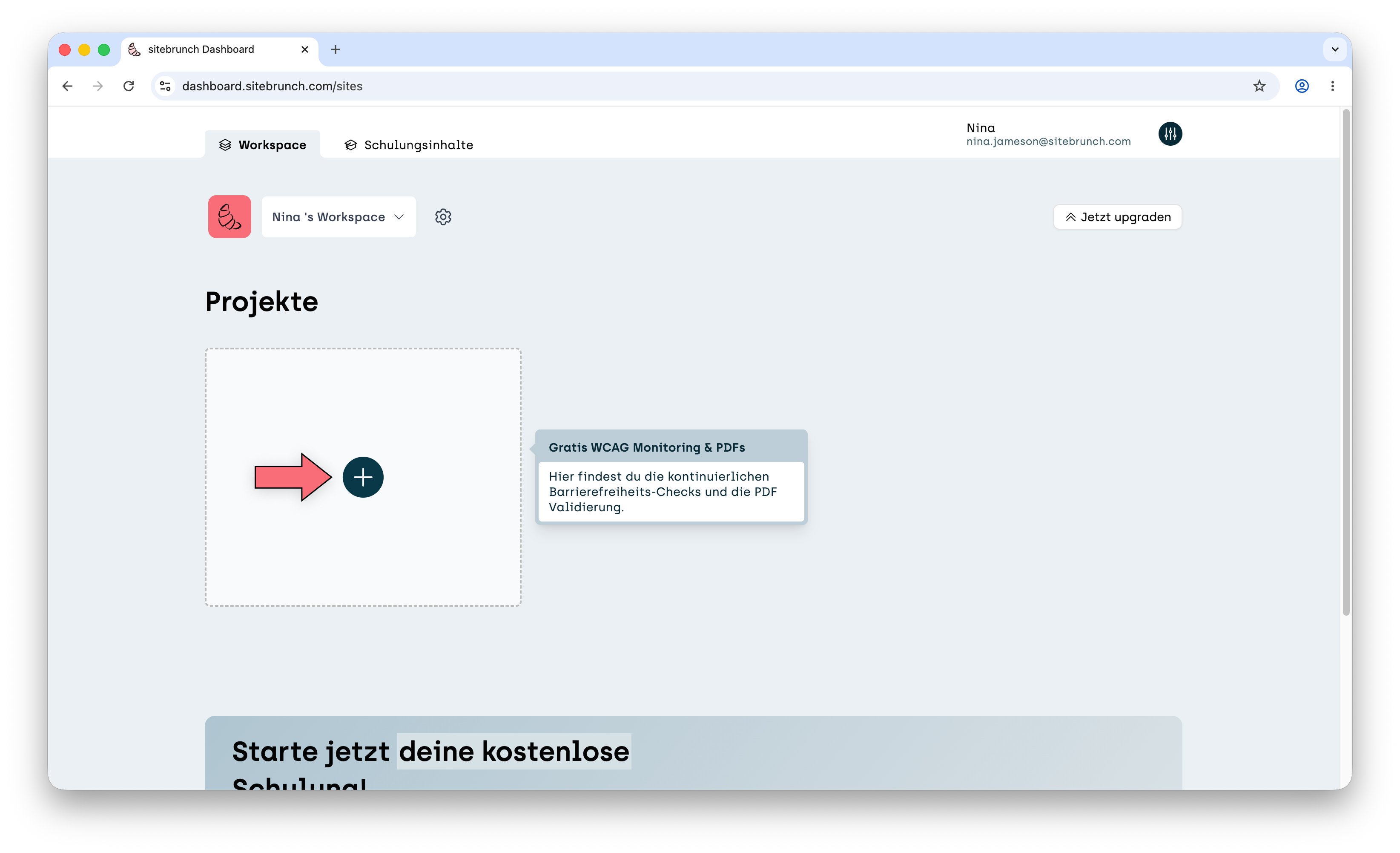Screenshot sitebrunch, der Tab workspace ist aktiv