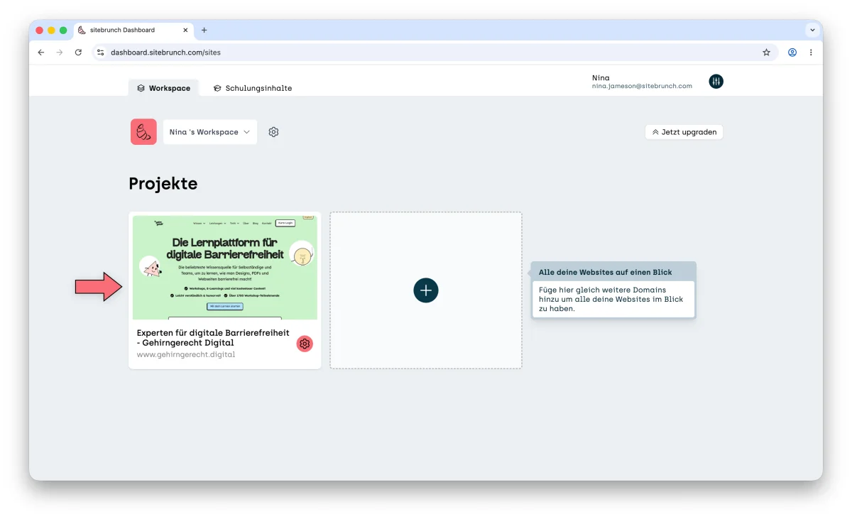 Screenshot of the workspace under “Projects”: an arrow points to the new project card for www.gehirngerecht.digital.