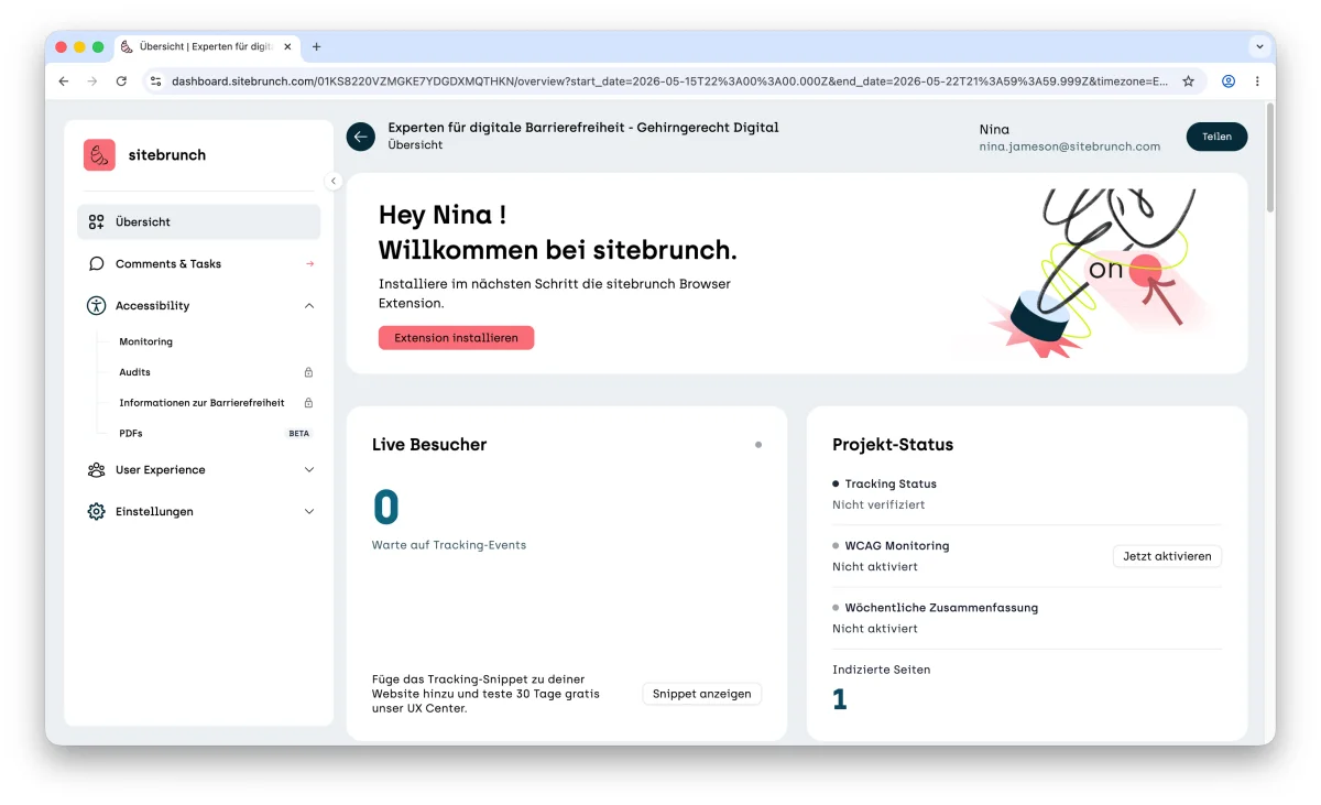 Screenshot of the project overview with the navigation menu on the left and a welcome message.