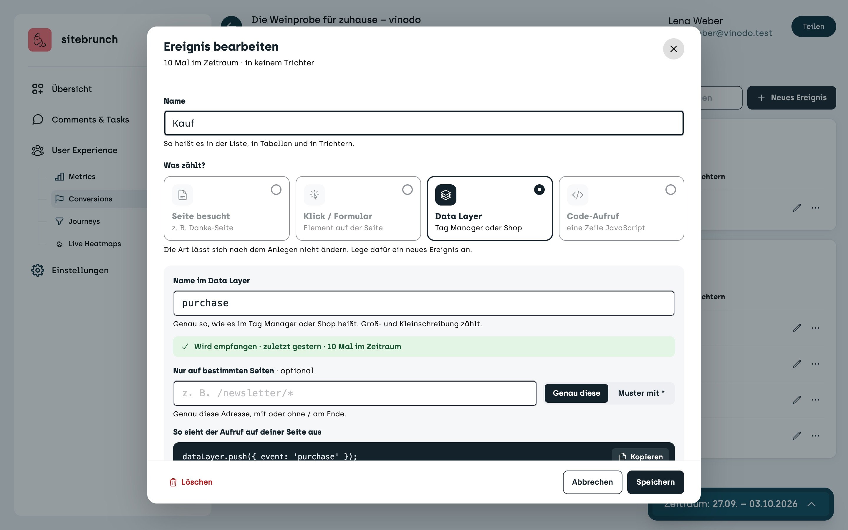 Screenshot sitebrunch: The “Edit event” window with the name “Purchase”, the kind Data layer, the name in the data layer “purchase” and the green note “Receiving”.