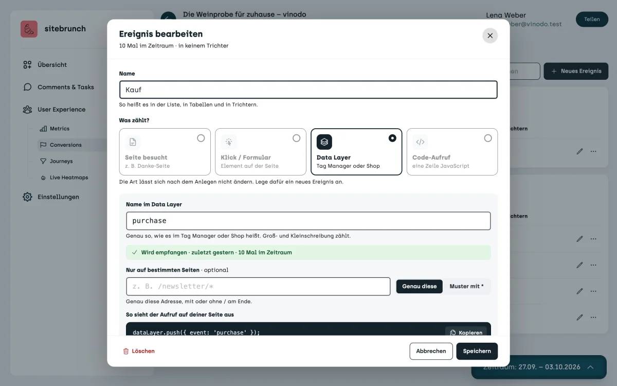Screenshot sitebrunch: The “Edit event” window with the name “Purchase”, the kind Data layer, the name in the data layer “purchase” and the green note “Receiving”.