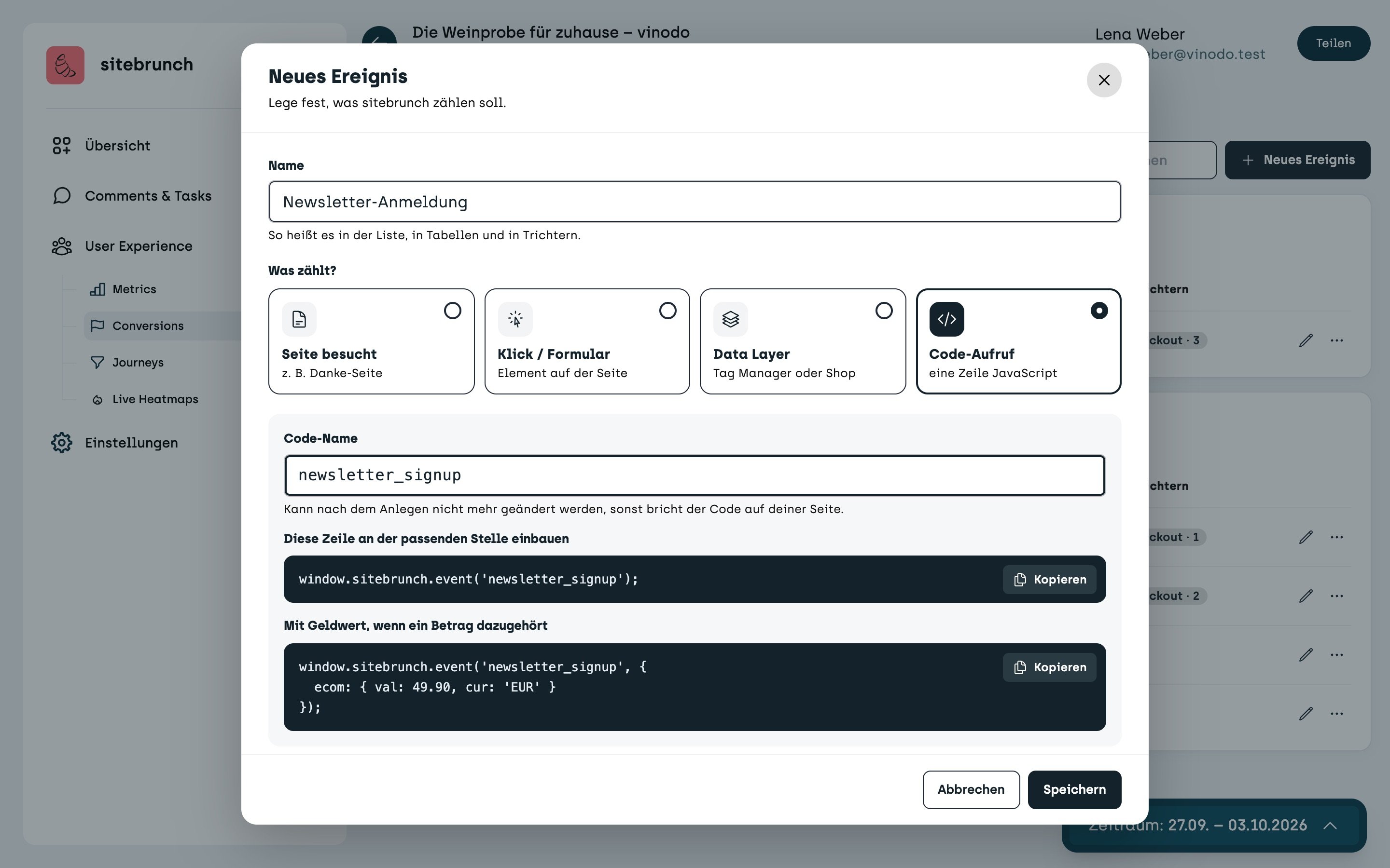 Screenshot sitebrunch: New event “Newsletter sign-up” with the kind “Code call” and the code name newsletter_signup. Below it the line window.sitebrunch.event to copy, once without and once with a monetary value.