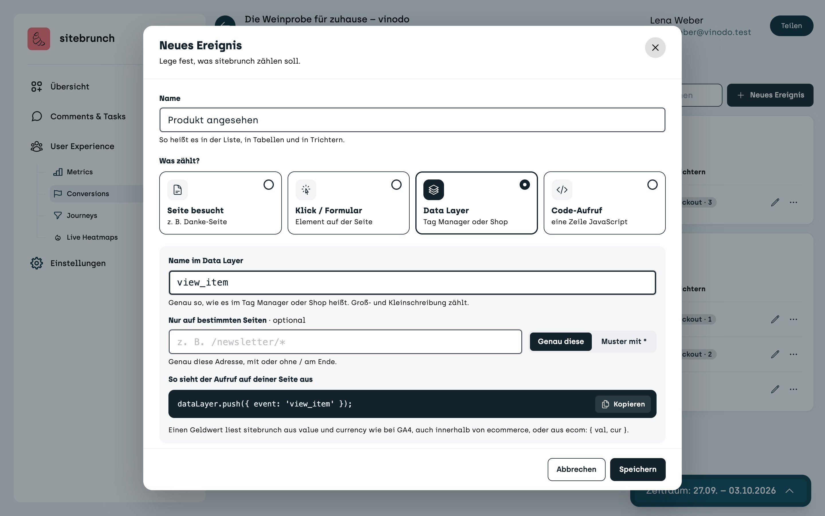 Screenshot sitebrunch: New event “Product viewed” with the kind “Data layer” and the name view_item. Below it the optional field “Only on certain pages” and the example code dataLayer.push with event view_item.