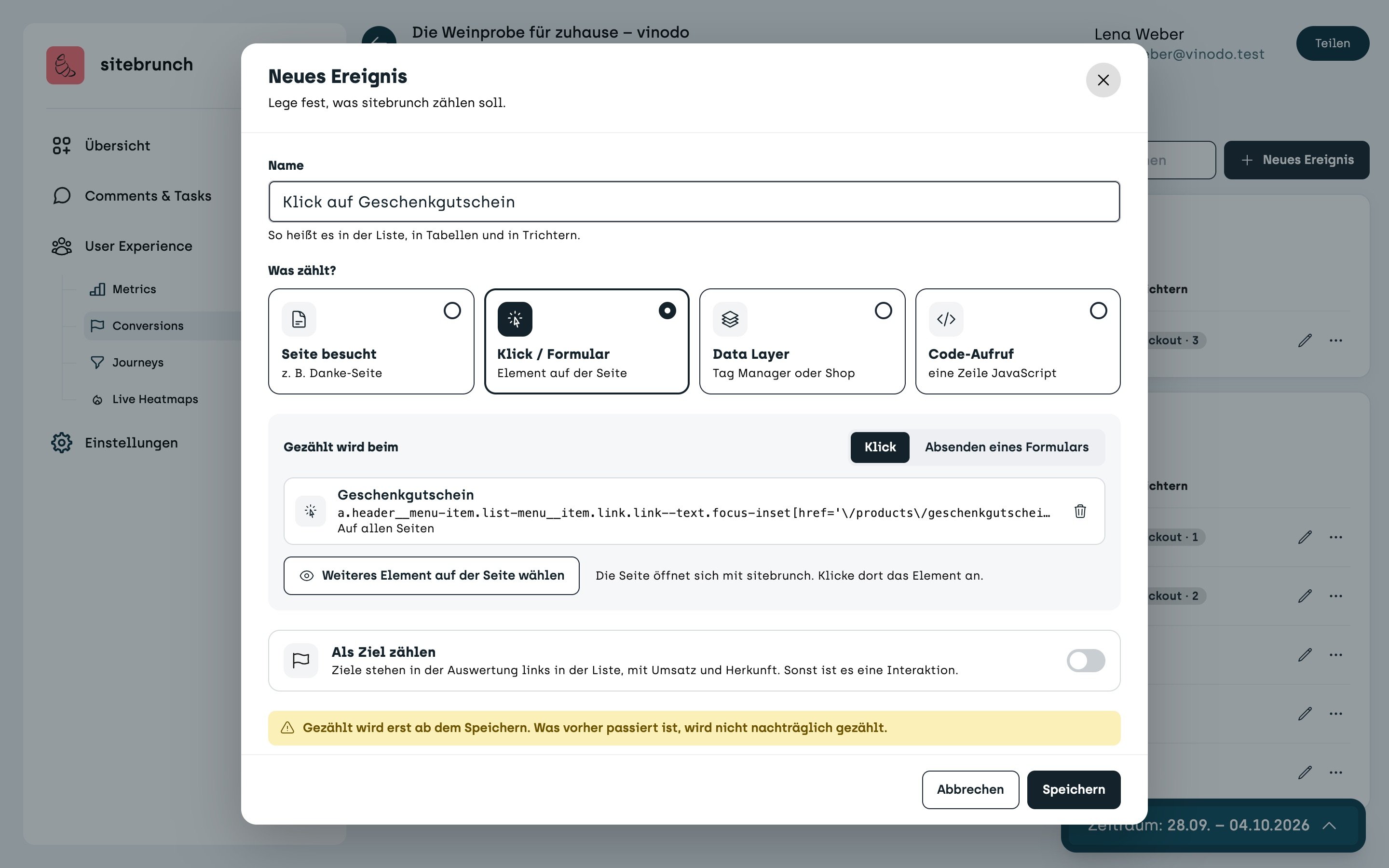 Screenshot sitebrunch: The “New event” window after using the element. Under “Counted on” there is now the element “Geschenkgutschein” (gift voucher) with its technical selector and “On all pages”, below it “Pick another element on the page”.