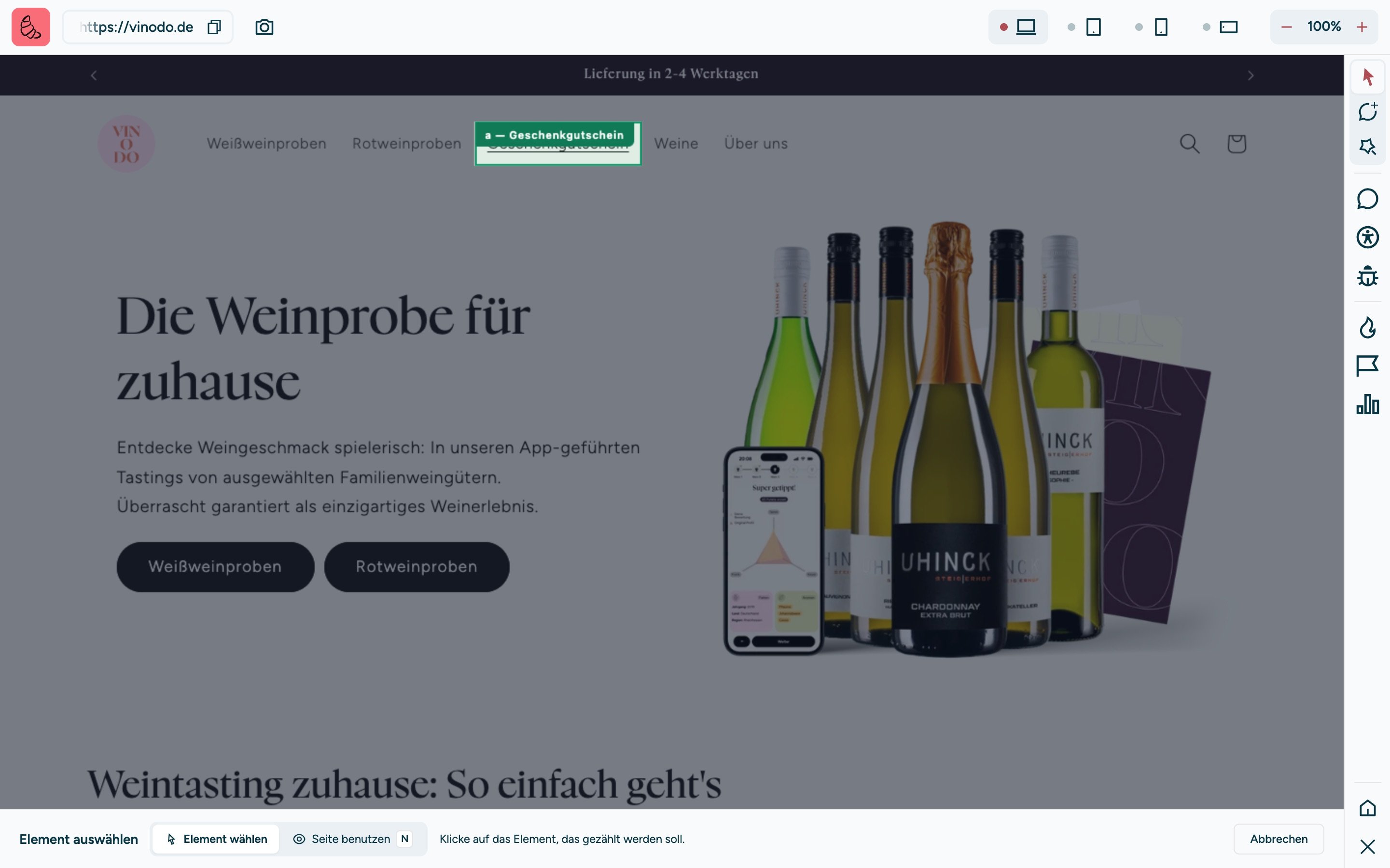 Screenshot of the sitebrunch extension on vinodo.de: The page is dimmed, the menu item “Geschenkgutschein” (gift voucher) is outlined in green and labeled “a, Geschenkgutschein”. At the bottom the bar “Pick an element” with “Pick element”, “Use page” and the hint “Click the element you want to count.”